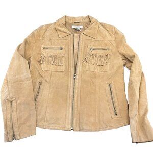 Newport News Jacket Women 14 Tan Suede Leather Fringe‎ Zip Trucker Shacket VTG
